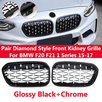 BMW F20/21 1 series   FACELIFT MILLION STAR KIDNEY GRILLS  GLOSS BLACK with silver diamond