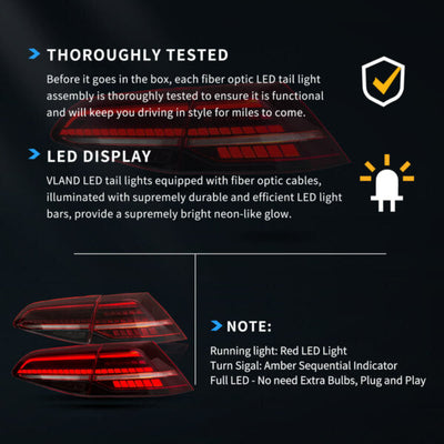 Golf MK7 2013-2021 Hatchback Vland LED Tail Lights with Sequential Turn Signal DOES NOT fit for Golf GTI and Golf R models