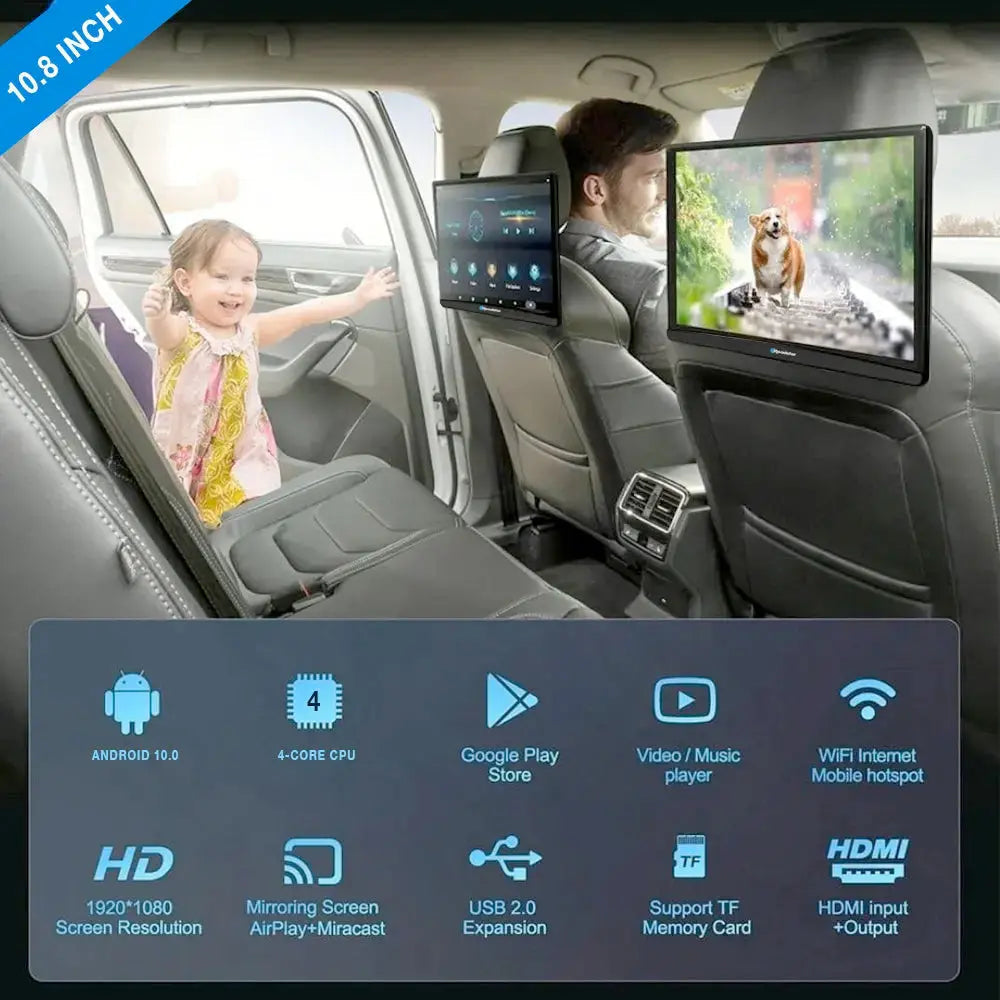 10.8" Roadstar Android Entertainment Headrest Tablet Screens With Bluetooth Headphones