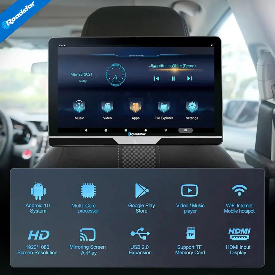 12.1" Roadstar Android Entertainment Headrest Tablet Screens With Bluetooth Headphones