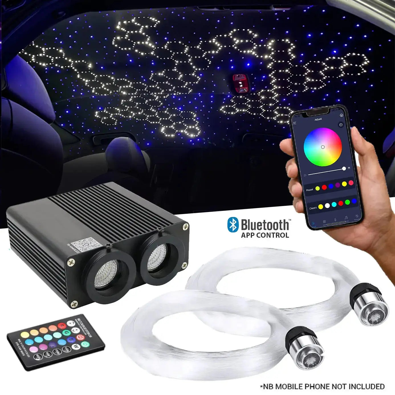 36W App Control Car Roof Fiber Optic Starry Light Kit - 600 Stars