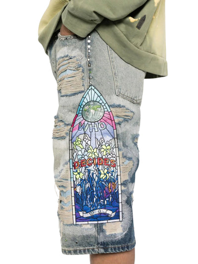 Who Decides War Shorts Chrome Stud Embroidered Denim