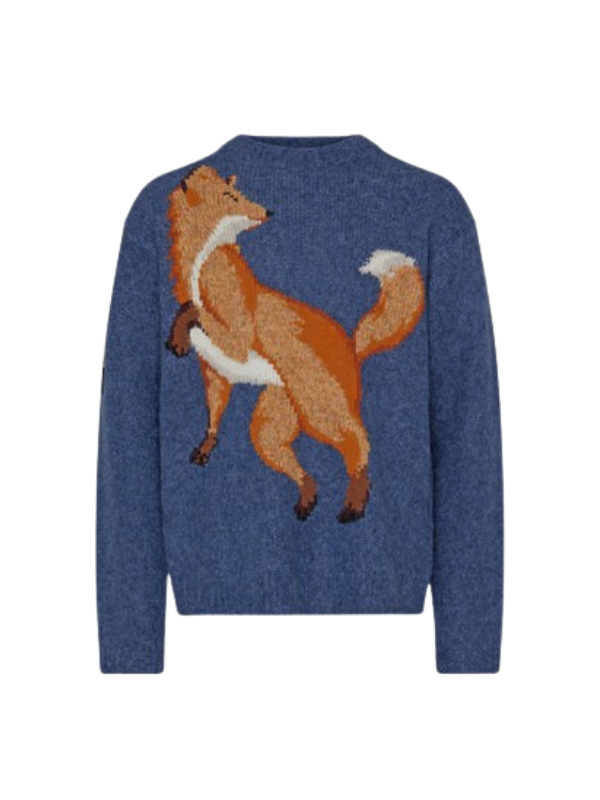 Maison Kitsune Sweater Fox Intarsia Comfort Denim Blue