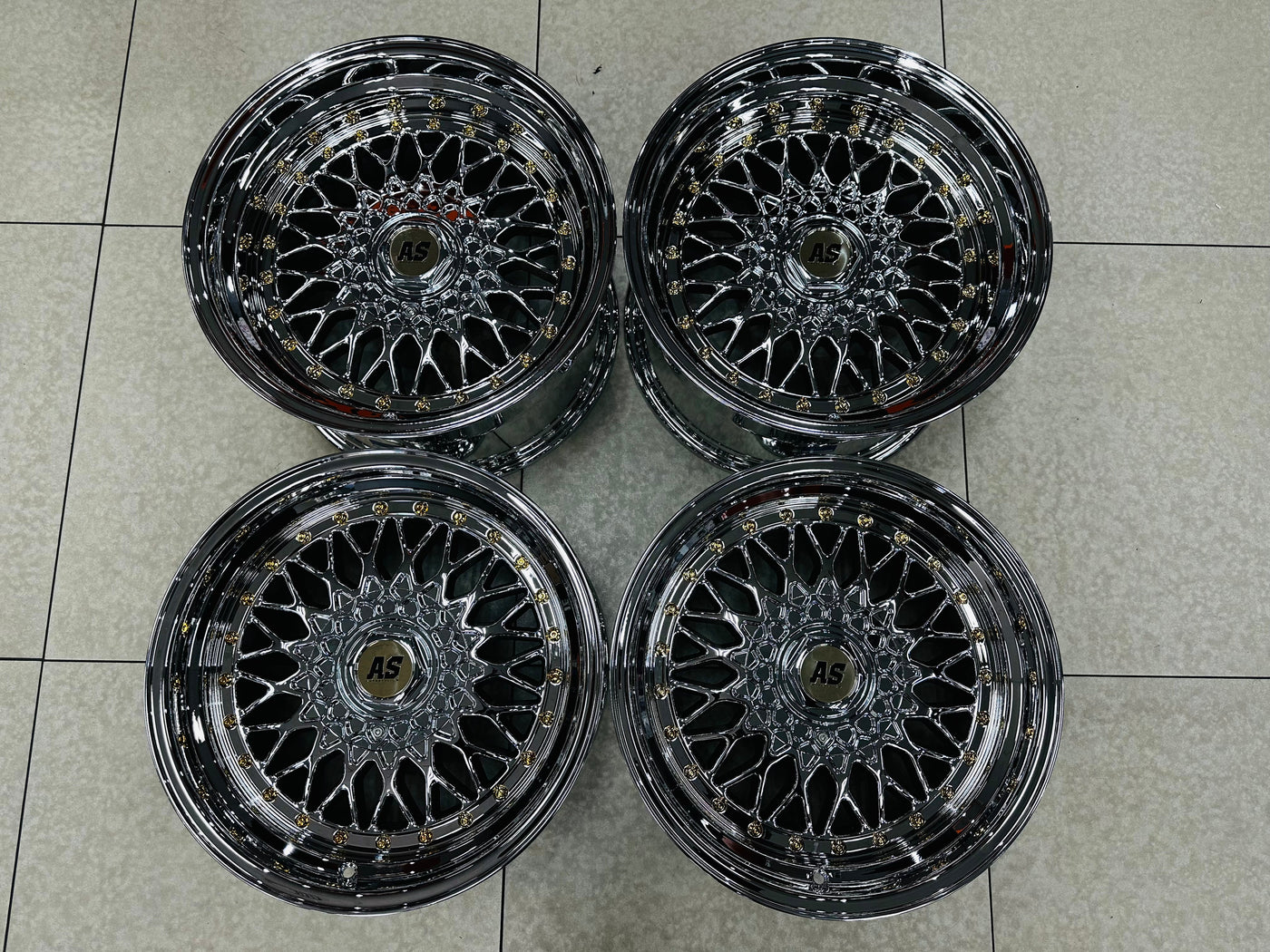 17” AS® Mesh chrome 4x100 & 5x100 10j rear GOLD STUDS