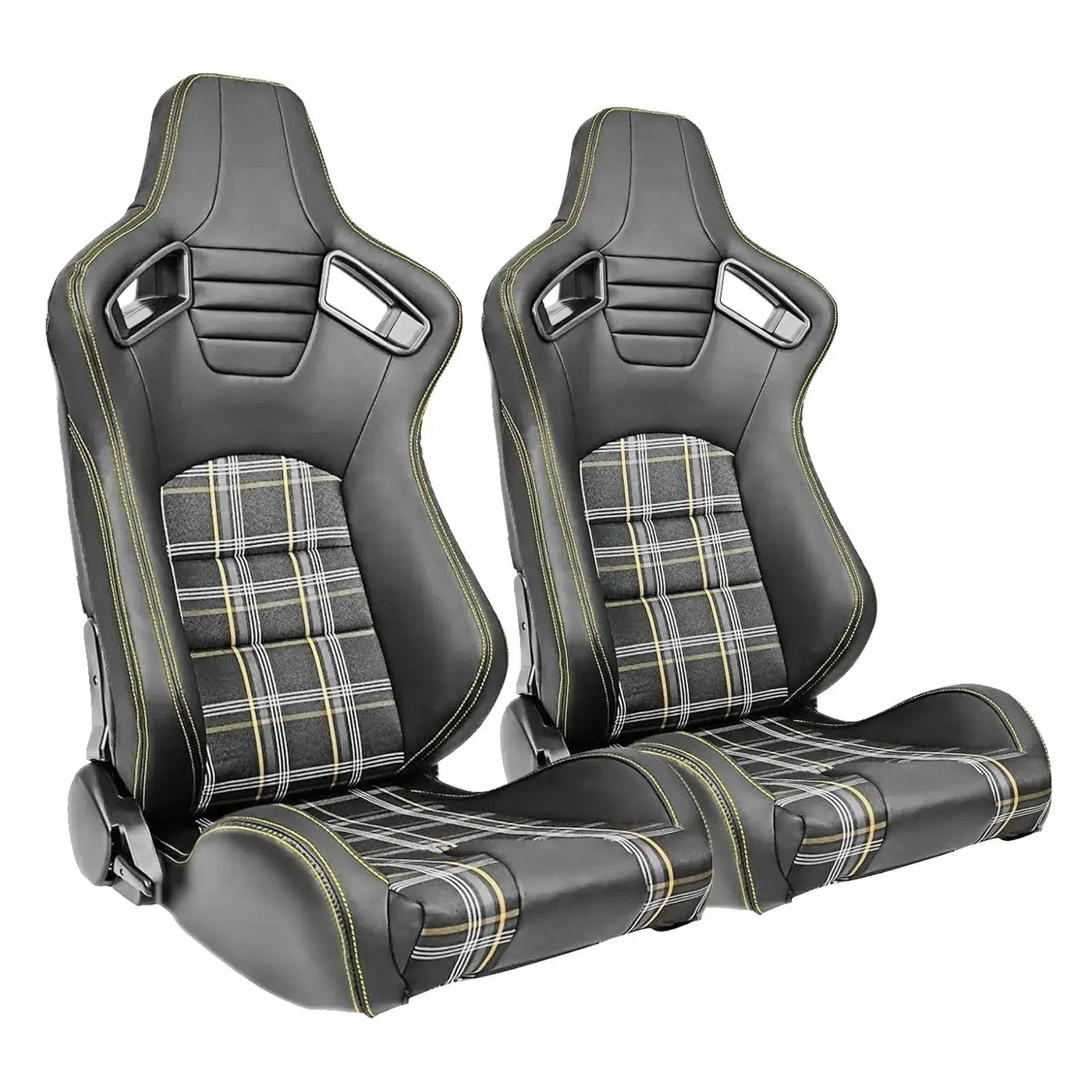 Reclinable Racing Seats - GTI Style Tartan Design Black PVC With Yellow Stitching (Pair)