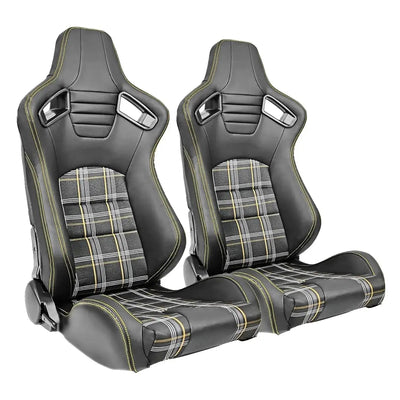 Reclinable Racing Seats - GTI Style Tartan Design Black PVC With Yellow Stitching (Pair)