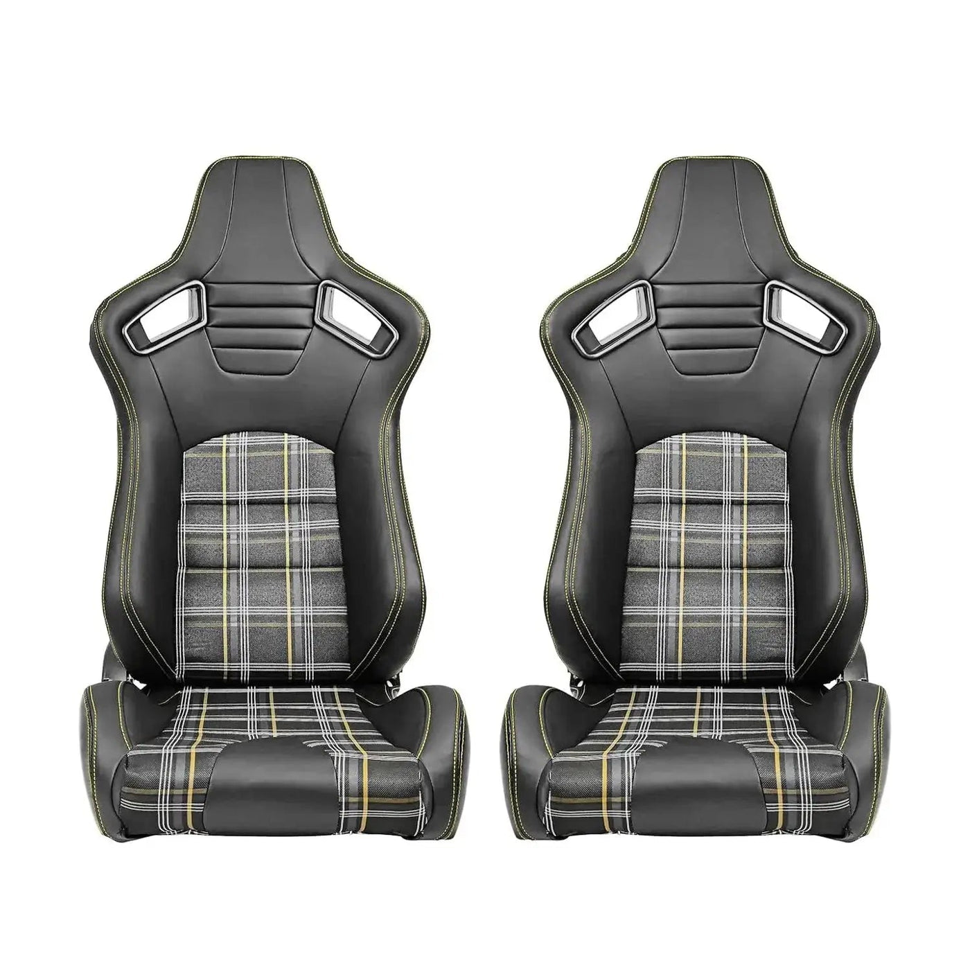 Reclinable Racing Seats - GTI Style Tartan Design Black PVC With Yellow Stitching (Pair)