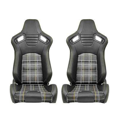 Reclinable Racing Seats - GTI Style Tartan Design Black PVC With Yellow Stitching (Pair)