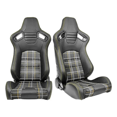Reclinable Racing Seats - GTI Style Tartan Design Black PVC With Yellow Stitching (Pair)