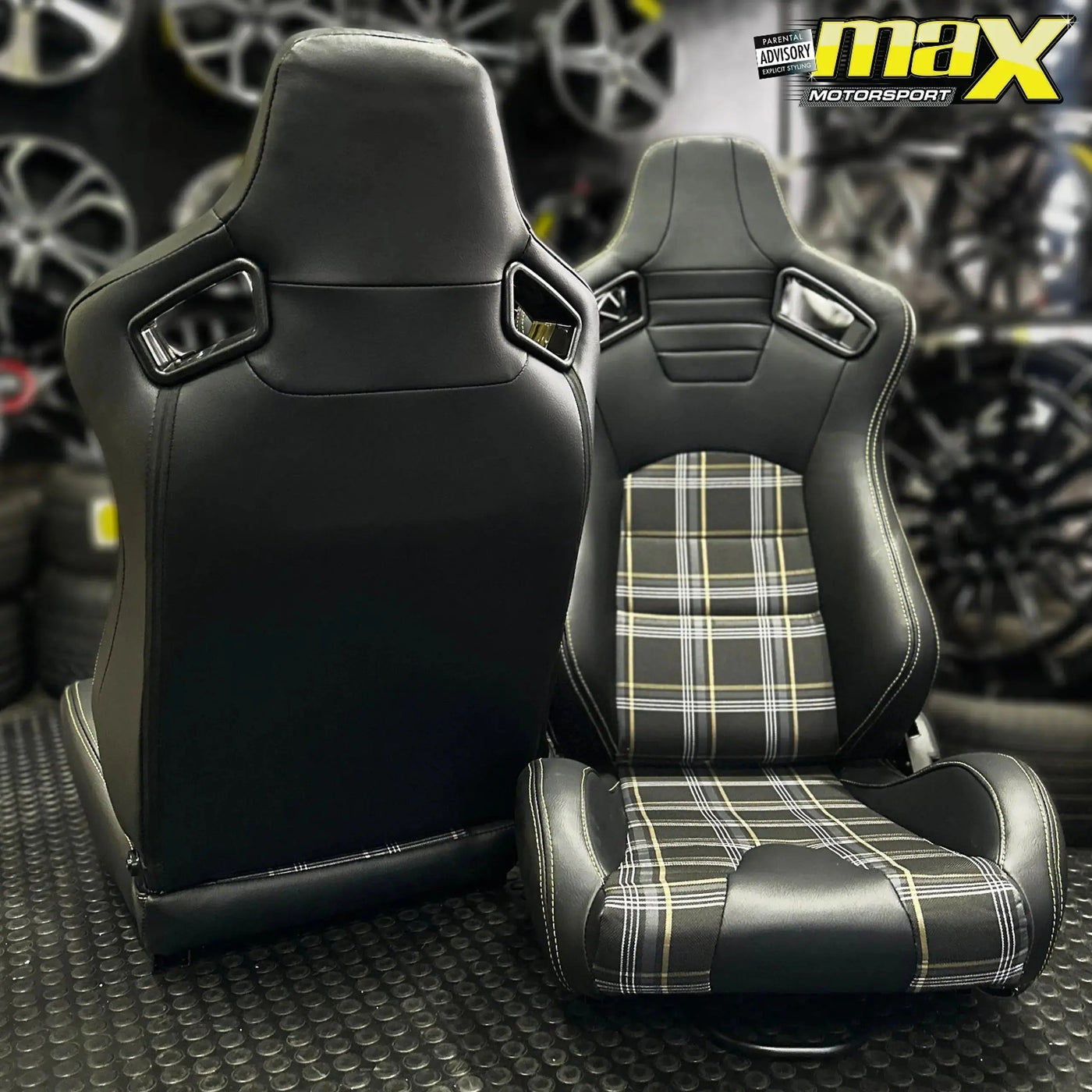 Reclinable Racing Seats - GTI Style Tartan Design Black PVC With Yellow Stitching (Pair)