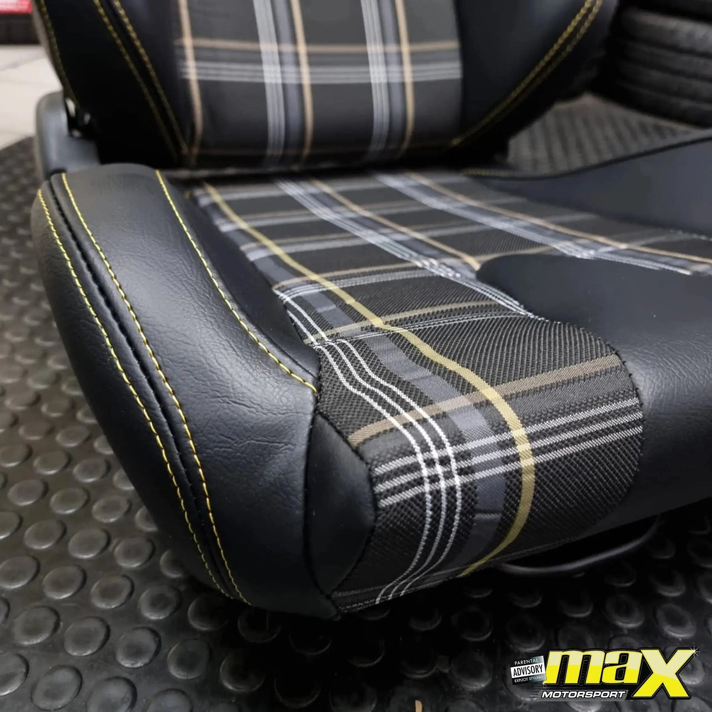 Reclinable Racing Seats - GTI Style Tartan Design Black PVC With Yellow Stitching (Pair)