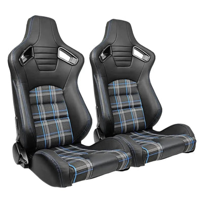Reclinable Racing Seats - GTI Style Tartan Design Black PVC With Blue Stitching (Pair)