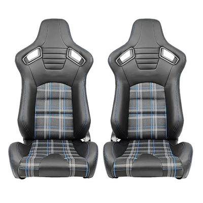 Reclinable Racing Seats - GTI Style Tartan Design Black PVC With Blue Stitching (Pair)