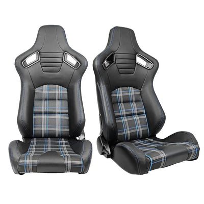 Reclinable Racing Seats - GTI Style Tartan Design Black PVC With Blue Stitching (Pair)