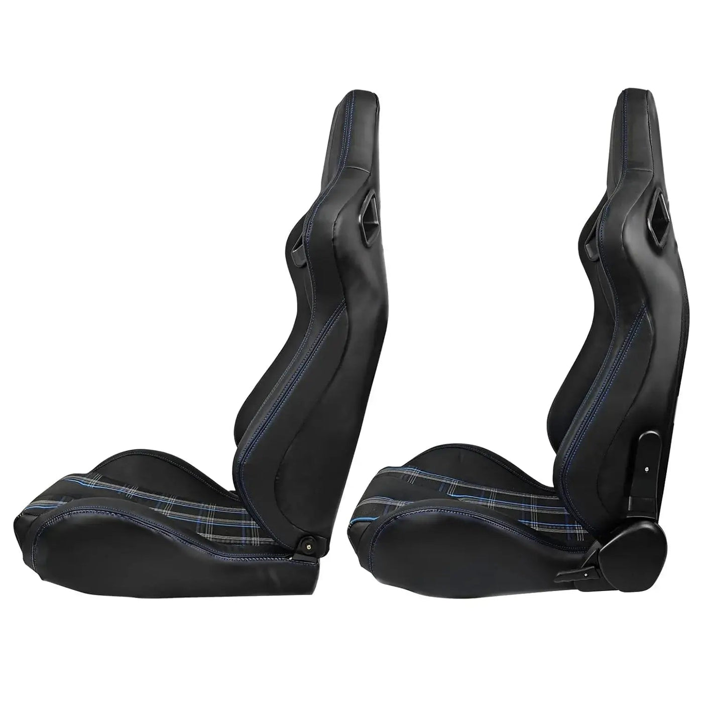 Reclinable Racing Seats - GTI Style Tartan Design Black PVC With Blue Stitching (Pair)