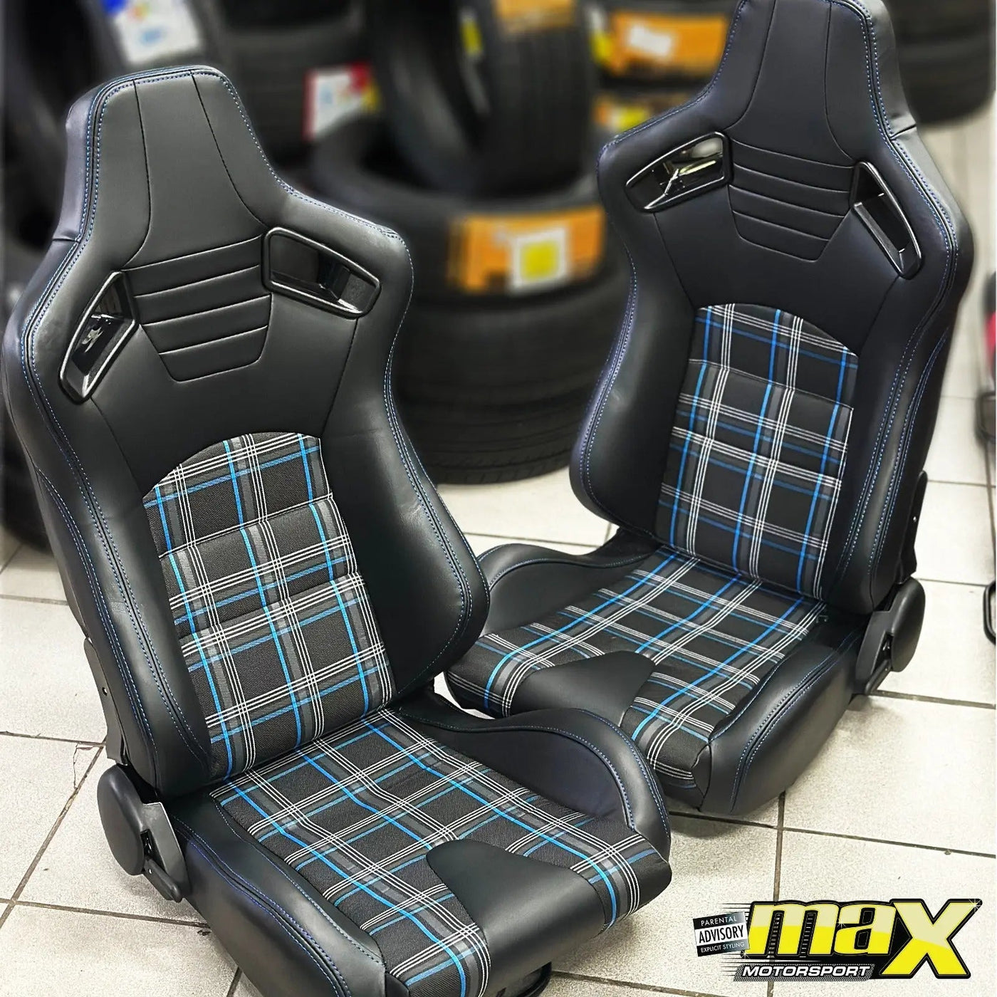 Reclinable Racing Seats - GTI Style Tartan Design Black PVC With Blue Stitching (Pair)