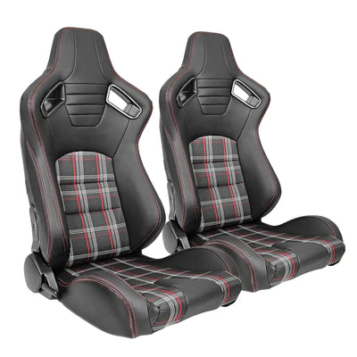 Reclinable Racing Seats - GTI Style Tartan Design Black PVC With Red Stitching (Pair)