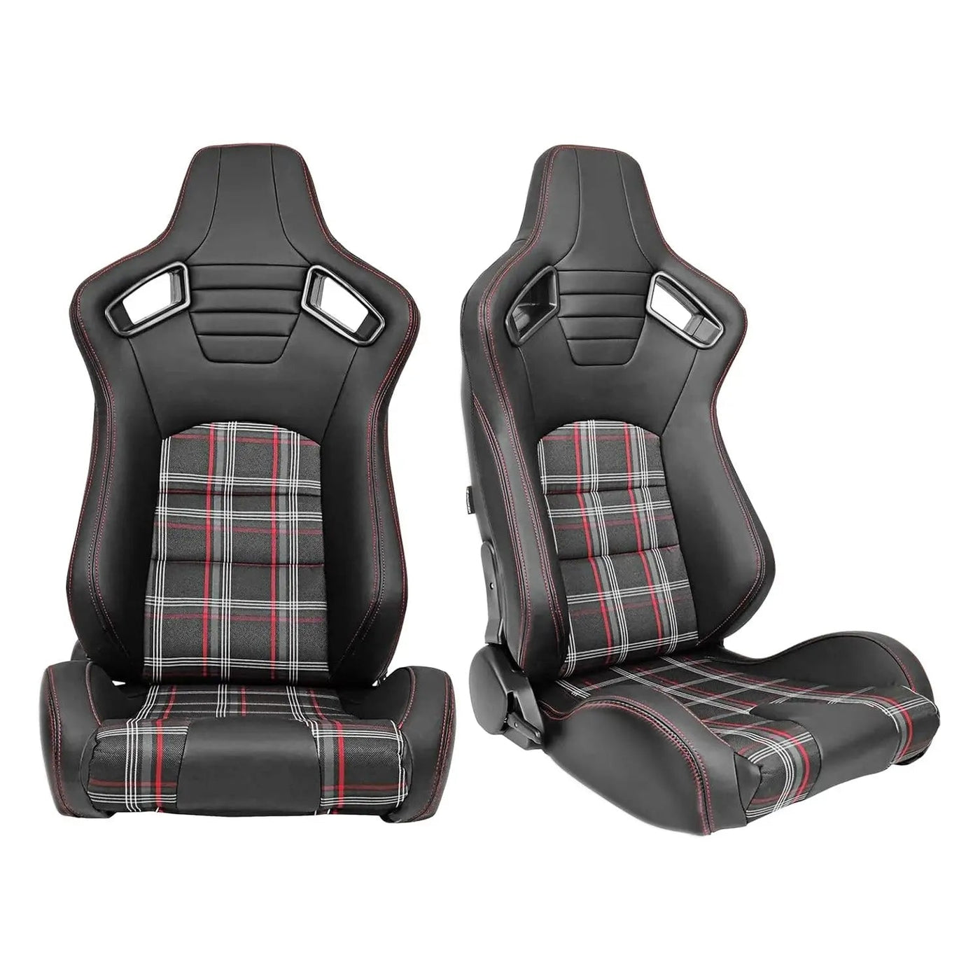 Reclinable Racing Seats - GTI Style Tartan Design Black PVC With Red Stitching (Pair)