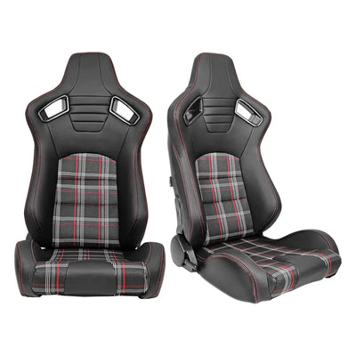 Reclinable Racing Seats - GTI Style Tartan Design Black PVC With Red Stitching (Pair)
