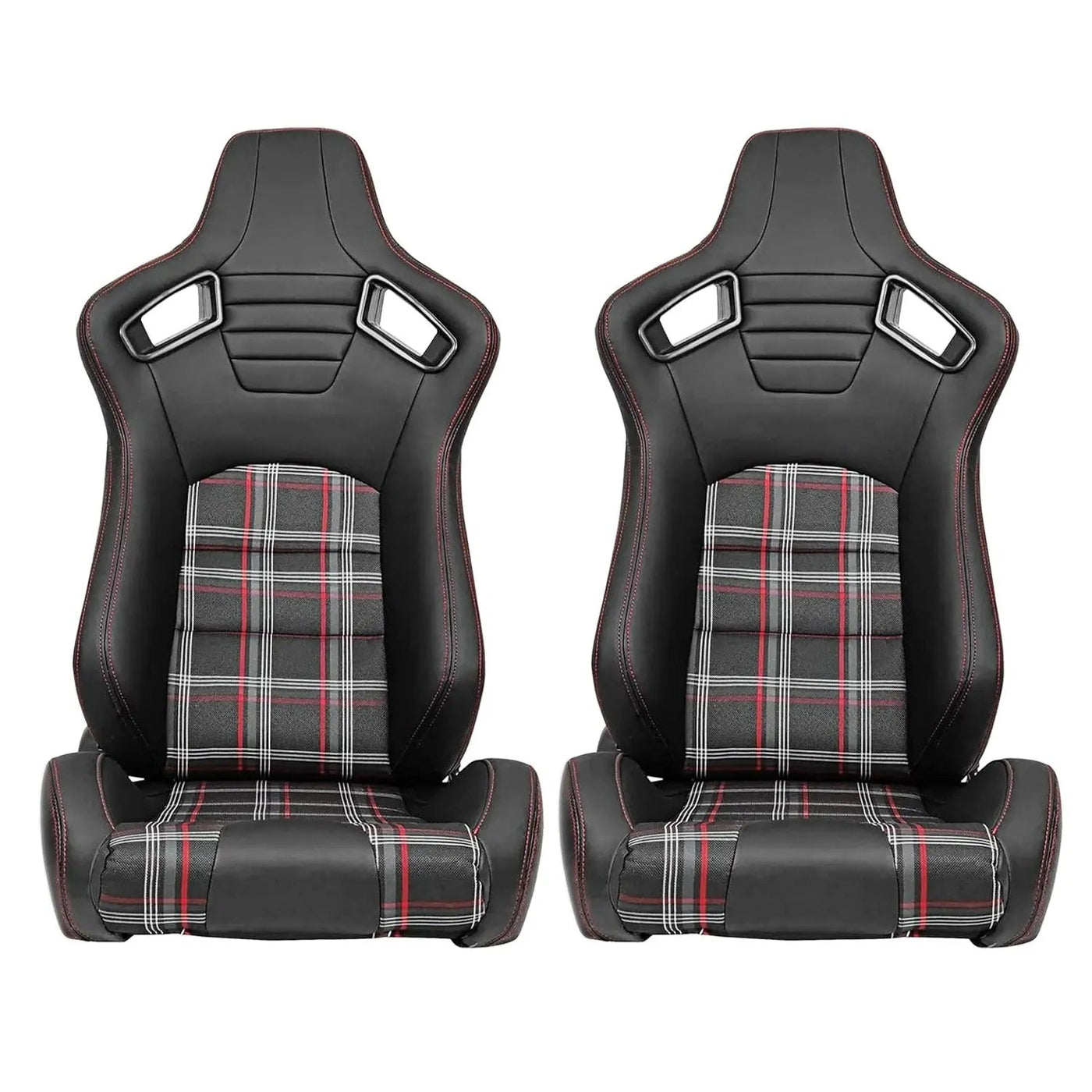 Reclinable Racing Seats - GTI Style Tartan Design Black PVC With Red Stitching (Pair)