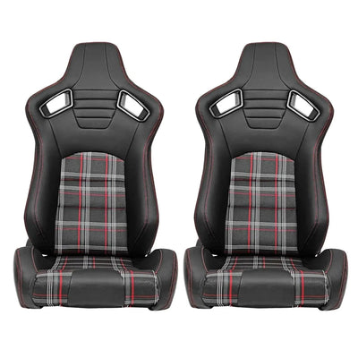 Reclinable Racing Seats - GTI Style Tartan Design Black PVC With Red Stitching (Pair)