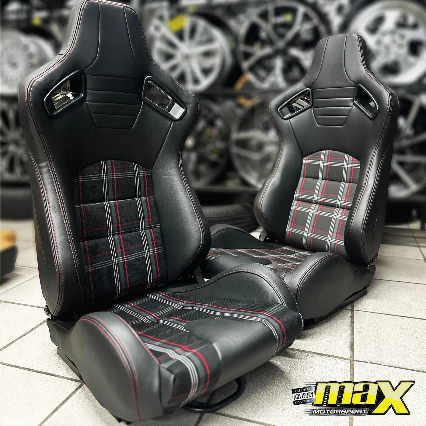 Reclinable Racing Seats - GTI Style Tartan Design Black PVC With Red Stitching (Pair)