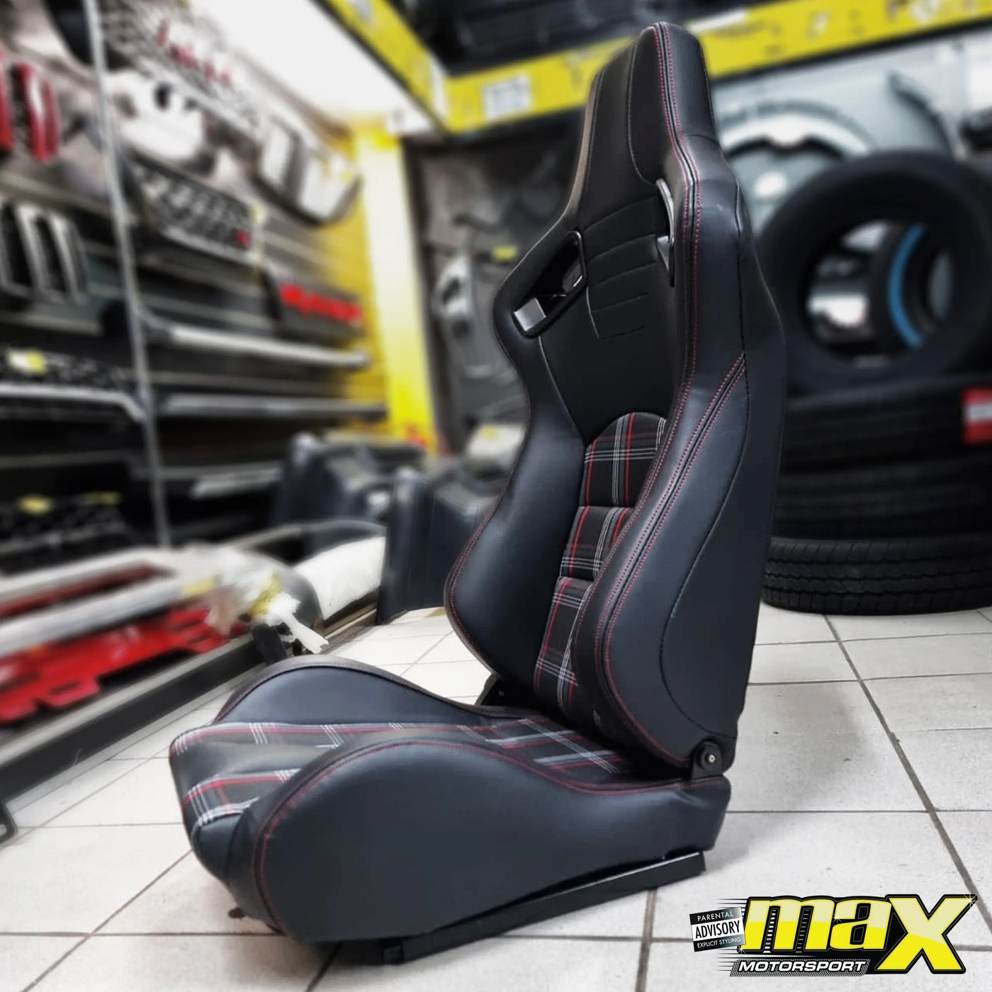 Reclinable Racing Seats - GTI Style Tartan Design Black PVC With Red Stitching (Pair)