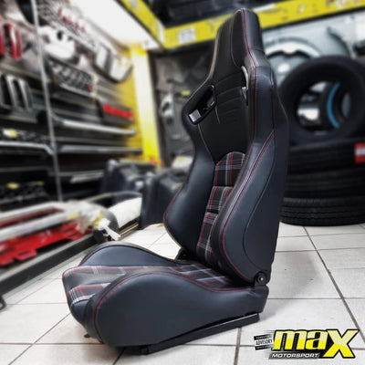 Reclinable Racing Seats - GTI Style Tartan Design Black PVC With Red Stitching (Pair)
