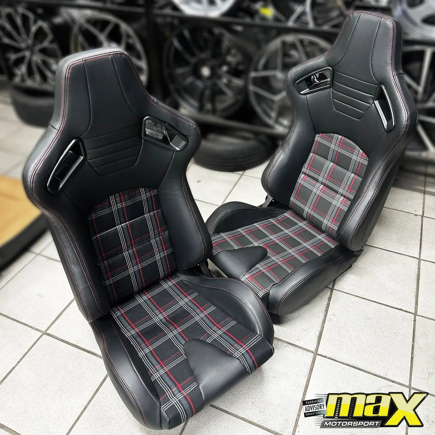 Reclinable Racing Seats - GTI Style Tartan Design Black PVC With Red Stitching (Pair)