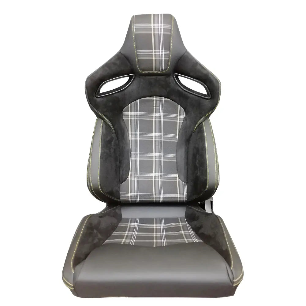 Reclinable Racing Seats - GTI Style Tartan Design Black Suede + PVC (Pair)