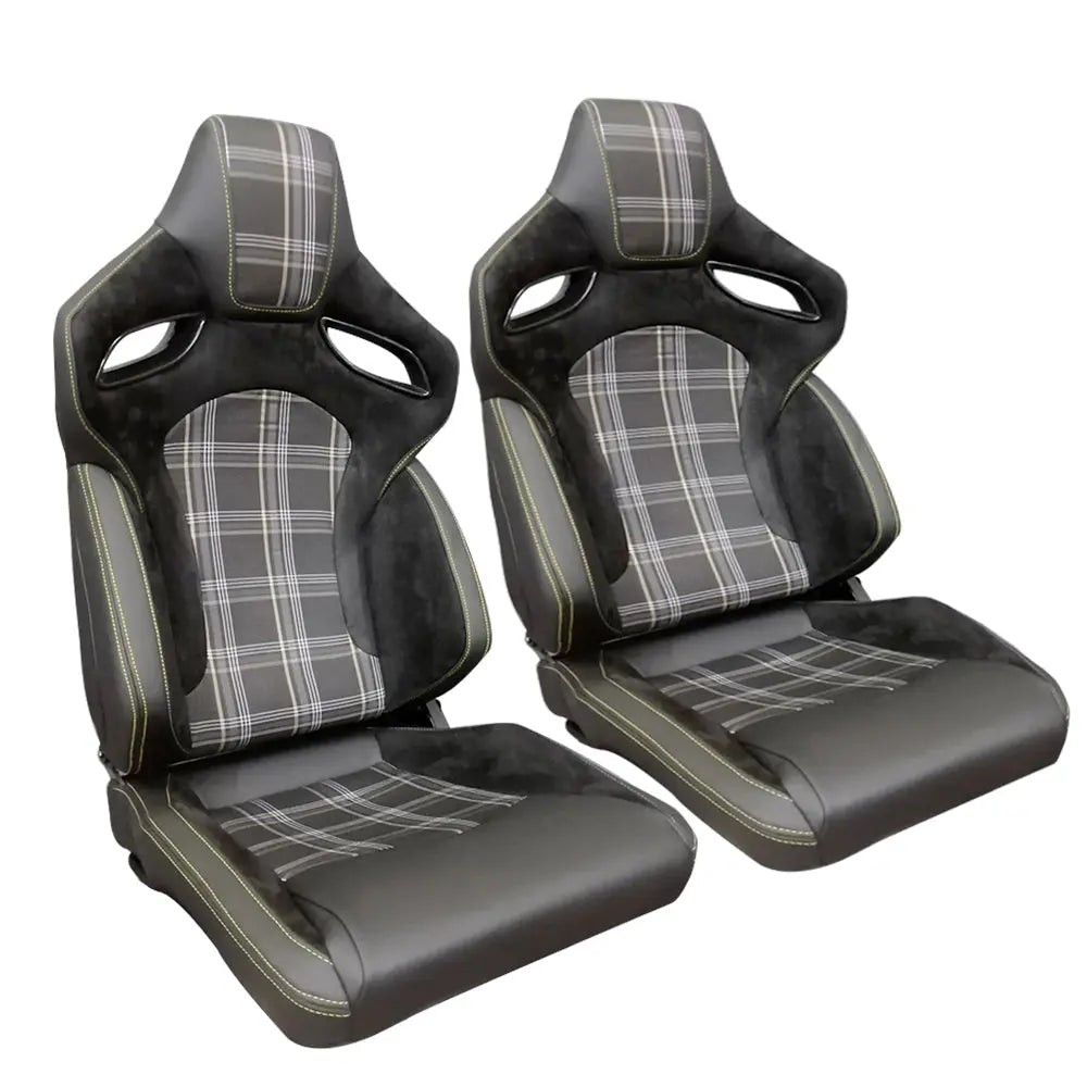 Reclinable Racing Seats - GTI Style Tartan Design Black Suede + PVC (Pair)