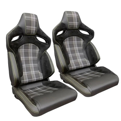 Reclinable Racing Seats - GTI Style Tartan Design Black Suede + PVC (Pair)