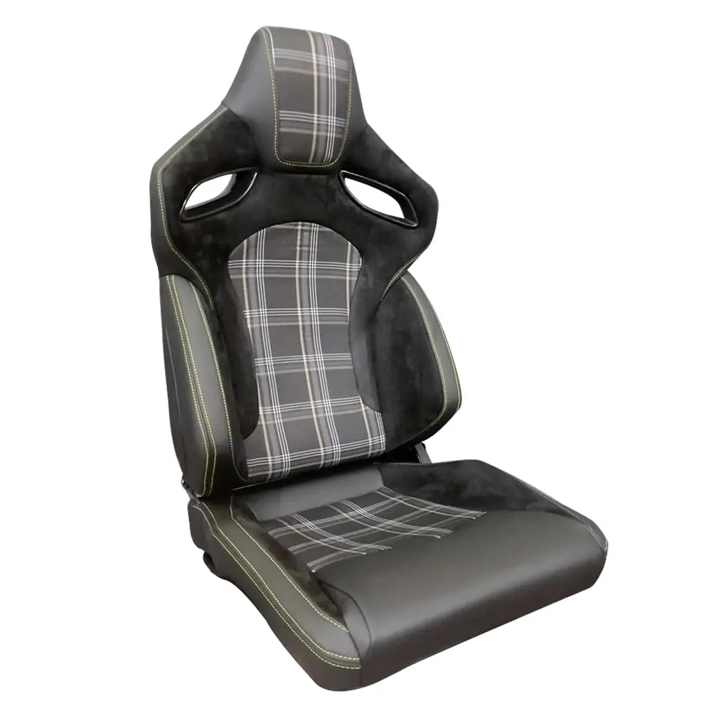 Reclinable Racing Seats - GTI Style Tartan Design Black Suede + PVC (Pair)