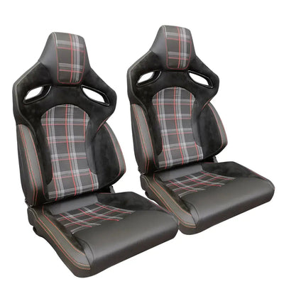 Reclinable Racing Seats - GTI Style Tartan Design Black Suede + PVC (Pair)