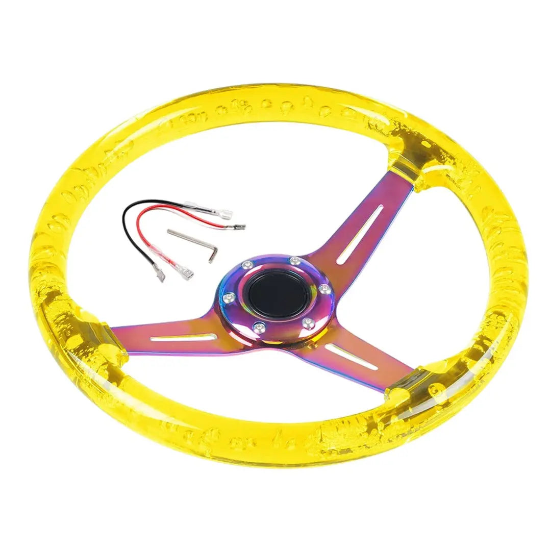 Universal Yellow  Acrylic JDM Drift Style Racing Steering Wheel - Neo Chrome Face (350mm)