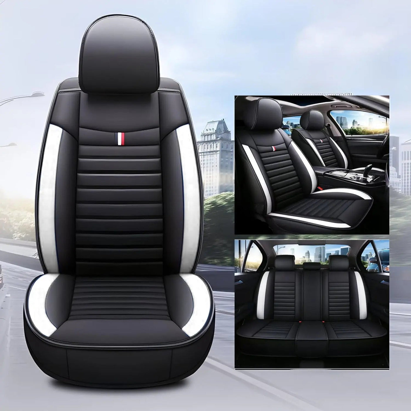 Universal Premium Luxury Car Seat Covers - Front & Rear Full Set (Black & White)