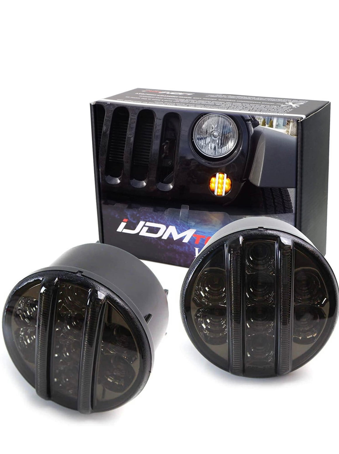 iJDMTOY (2) Smoked Lens LED Front Turn Signal Lamp Assembly Compatible With Jeep 2007-17 Wrangler (White LED Vertical Bars For Driving/DRL & Amber LED Dots For Turn Signal Lights)