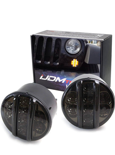 iJDMTOY (2) Smoked Lens LED Front Turn Signal Lamp Assembly Compatible With Jeep 2007-17 Wrangler (White LED Vertical Bars For Driving/DRL & Amber LED Dots For Turn Signal Lights)